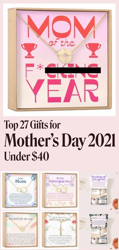 the mother's day gift guide for moms is shown in pink and gold