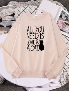 Trendy Long Sleeve Sweatshirt With Cat Design, Relaxed Fit Long Sleeve Sweatshirt With Cat Print, Trendy Fall Sweatshirt With Cat Design, Casual Cat Print Sweatshirt In Relaxed Fit, Casual Sweatshirt With Cat Print In Relaxed Fit, Casual Relaxed Fit Sweatshirt With Cat Print, Trendy Crew Neck Sweatshirt With Cat Design, Casual Relaxed Fit Sweatshirt With Cat Design, White And Black Cat