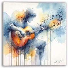 a watercolor painting of a man playing an acoustic guitar