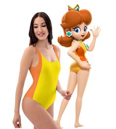 a woman in a yellow and orange swimsuit next to a cartoon character