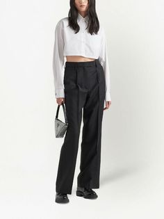 Prada Cropped long-sleeved Shirt - Farfetch Cropped White Shirt Outfit, Cropped Shirt Outfit, Cropped White Shirt, Prada Pants, White Shirt Outfits, Wardrobe Edit, Cropped Shirt, Long T, Long T Shirt