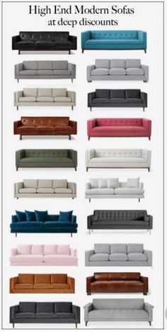 different colored couches are shown in this advertisement for high end modern sofas at deep discounts