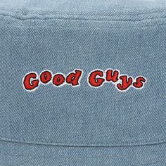 Stay on-trend with this officially licensed Chucky bucket hat! This versatile bucket hat is not only stylish but also reversible, offering two distinct looks in one. On one side, you'll find a denim design featuring the iconic "Good Guys" logo, perfect for showcasing your love for the notorious killer doll. The other side boasts a rolling print of Chucky himself, adding a touch of horror charm to your outfit. Crafted from cotton twill, this bucket hat ensures comfort and durability. For easy mai Flat Brim Bucket Hat For Spring Streetwear, Trendy Streetwear Bucket Hat With Letter Print, Trendy Blue Flat Brim Bucket Hat, Casual Spring Hats With Logo Patch, Summer Bucket Hat With Embroidered Logo For Streetwear, Summer Streetwear Bucket Hat With Embroidered Logo, Trendy Summer Bucket Hat With Embroidered Logo, Trendy Bucket Hat With Short Brim For Streetwear, Trendy Streetwear Bucket Hat