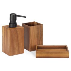 a wooden soap dispenser and holder