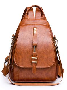 Brown  Collar  PU Leather Plain  Embellished   Women Bags Leather School Backpack, Dirndl Outfit, Travel Documents, Mom Bags, Flap Backpack, Leather Rucksack, Women Leather Backpack