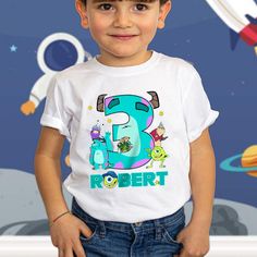 Personalized Monster University Birthday Shirt, Cute Monsters Birthday T-Shirt, Family Matching Tee, Birthday Party Theme, Gift For Kid Thank you to choose our store! Your shopping experience is my top priority, and I'm here to assist you in any way I can.  If you have any requests or questions, please don't hesitate to send me a message, and I'll reply as soon as possible. To make the ordering process smooth and enjoyable, follow these simple steps: Choose the color and size you desire. If avai Themed Birthday T-shirt With Character Print, Themed White Birthday T-shirt, Playful Crew Neck T-shirt For Birthday Gift, Birthday Gift Cartoon Print T-shirt, Playful Crew Neck T-shirt For Birthday, Themed Short Sleeve Birthday T-shirt, Customizable Fun T-shirt For Birthdays, Fun Customizable T-shirt For Birthday, Playful Customizable Birthday T-shirt