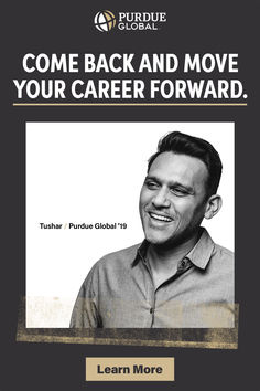 a man smiling with the words, come back and move your career forward learn more