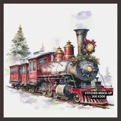 a cross stitch christmas train with presents on the front, and trees in the back