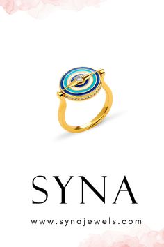 Get two looks in one with this cosmically-inspired reversible ring, which celebrates the powerful evil eye motif. While one side features colorful blue and white enamel, the other side offers rings of diamonds in 18K yellow gold. Diamonds along the edge of the eye add glamour to the design. Modern White Gold Enamel Ring, Yellow Gold Enamel Diamond Ring, Yellow Gold Diamond Rings With Rotating Bezel, Luxury Round Metal Ring Jewelry, Polished Enamel Rings In Fine Jewelry Style, Luxury White Gold Rings With Rotating Bezel, White Gold Enamel Round Rings, Yellow Gold Polished Enamel Ring, Polished Yellow Gold Enamel Ring