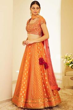 Shop for Shyam Narayan Prasad Orange Silk Jaquard Chanderi Lehenga Set for Women Online at Aza Fashions Meenakari Embroidered Fabric For Reception And Navratri, Festive Meenakari Choli In Raw Silk, Silk Meenakari Choli For Reception, Festive Raw Silk Choli With Meenakari, Meenakari Embroidered Fabric For Diwali Reception, Reception Meenakari Embroidered Fabric For Diwali, Festive Silk Choli With Meenakari Detailing, Festive Meenakari Sets For Reception, Fitted Brocade Lehenga With Meenakari Details