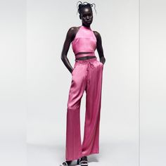 Zara Straight Pink Satin Pants Pink Satin Trousers Outfit, Feminine High Waist Wide Leg Pants For Spring, Summer Ankle-length Wide Leg Pants For Night Out, Fitted Feminine Wide Leg Pants For Summer, Feminine Wide Leg Trousers For Summer, Spring Feminine Wide Leg Pants, Zara Fitted Wide Leg Pants For Spring, Zara Pants For Night Out In Spring, Chic Pink Wide Leg Pants For Summer