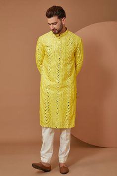 Bright yellow silk kurta with thread and mirror embroidery. Comes with pant. - Aza Fashions Yellow Chanderi Kurta With Mirror Work, Yellow Kurta With Chikankari Embroidery For Diwali, Festive Yellow Kurta With Chikankari Embroidery, Yellow Traditional Wear Straight Kurta With Mirror Work, Yellow Traditional Wear With Mirror Work Straight Kurta, Designer Yellow Kurta With Chikankari Embroidery, Yellow Kurta With Mirror Work For Navratri, Eid Yellow Kurta With Chikankari Embroidery, Designer Yellow Sherwani With Dabka Work