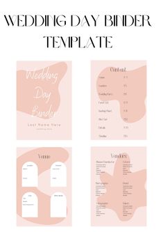 the wedding day binder template is shown in three different colors and font, including pink