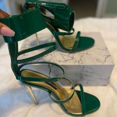 Worn Once! I Scraped The Bottoms Of These Bad Boys Because They Were Slippery They’ve Been Sitting In My Closet Ever Since. Box And Dust Bag Included Rich Shoes, Goddess Sandals, Rich Green, Green Gold, Green And Gold, Shoes Women Heels, Dust Bag, Shoes Heels, Women Shoes