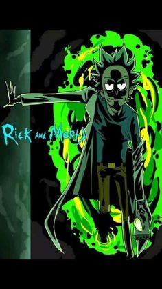 rick zombie cartoon with green and black background, text rick and mort on the bottom right hand corner