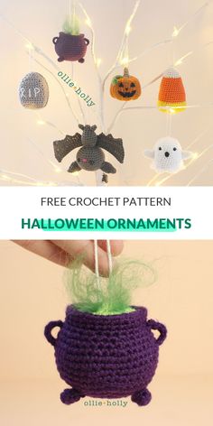 a crocheted halloween ornament hanging from a tree with the words free crochet pattern on it