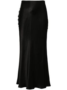 black satin finish mid-rise side zip fastening unlined straight hem mid-length Chic Satin Maxi Skirt For Work, Sleek Silk Skirt For Night Out, Chic Silk Pencil Skirt For Night Out, Sleek Evening Midi Pencil Skirt, Silk Midi Pencil Skirt For Evening, Formal Satin Midi Skirt, Satin Long Skirt For Work, Satin Long Skirt For Workwear, Satin Skirt For Workwear