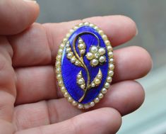 Georgian 10K Enamel Pearls & Diamond Brooch Ceremonial Enamel Brooch Jewelry, Gold Enamel Wedding Brooch, Gold Enamel Wedding Brooches, Heirloom Oval Brooches For Wedding, Victorian Enamel Jewelry For Wedding, Victorian Enamel Wedding Jewelry, Antique Oval Wedding Brooches, Blue Cabochon Brooches For Wedding, Antique Style Enamel Brooch Pin For Formal Wear