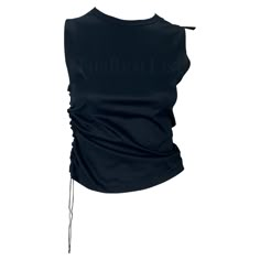 Presenting a chic black Gucci sleeveless top, designed by Tom Ford. From the Spring/Summer 2001 collection, this top features a tab pull on one shoulder and a drawstring pull on the side, elevating its unique silhouette. With 'Gucci' screen-printed below the nape, this top is a testament to the Tom Ford's iconic style. Approximate measurements: Size - XS Shoulder to hem:20" Bust:26-28" Waist:26"