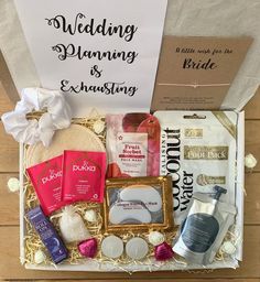 the wedding planning and exhausting gift box is packed with personal care items, such as toiletries, soaps, shower products, and more