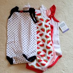 Sleeveless Onesies, Varying Coordinating Colors. Solid, Polka Dot, Watermelon, Pink, And White With Watermelon Print. Brand New. Playful Sleeveless Bodysuit For Playtime, Sleeveless Bodysuit For Playtime, Fitted Sleeveless Bodysuit For Playtime, Fitted Sleeveless Onesie For Playtime, Cute Cotton Sleeveless Bodysuit, Cute Sleeveless Cotton Bodysuit, Cute Fitted Sleeveless Bodysuit, Cute White Sleeveless Bodysuit, Cute Sleeveless Cotton Onesie