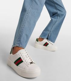 Find GUCCI Ace Leather Sneakers on Editorialist. Upper: calf leather. Lining: leather. Sole: leather insole, rubber sole. Toe shape: round toe. Made in Italy. Includes: dust bags, shoe box. Designer color name: Gr.Whi/Vrv/Green Ace. Closure: lace-up. Gucci White Sneakers With Textured Sole, Gucci Leather Low-top Platform Sneakers, Designer Gucci Platform Sneakers With Round Toe, Gucci Designer Platform Sneakers With Round Toe, Gucci Low-top Platform Sneakers With Branded Insole, Gucci Leather Platform Sneakers, Casual Gucci Platform Sneakers With Round Toe, Gucci High-top Leather Sole Sneakers, Gucci High-top Sneakers With Leather Sole