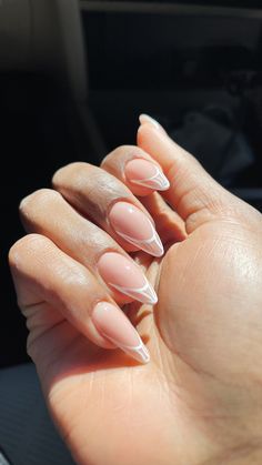 Sharp Almond Acrylic Nails French Tip, Sharp Almond French Tip, French Tip Stilleto Nail, Chic Almond Nails, French Manicure Stiletto Nails, French Ombre Nails Stilettos, Almond Stiletto Nails, Black Almond Nails, French Tip Nail Designs