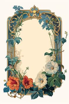 an ornate frame with flowers and leaves