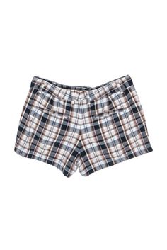 Bring preppy vibes to your summer style with these shorts from Theory! A posh plaid design will add a pop of pattern to any casual outfit. Pair with a plain white tee or wear over your bathing suit for a day at the beach. Size 2 Front zip-up closure w/ top button Unlined Open pockets on front of waist Faux pockets on back Plaid design Waist 30" Inseam 3" Total length 11" Summer Plaid Shorts With Built-in Shorts, Casual Plaid Bottoms With Built-in Shorts, Trendy Short Plaid Bottoms, Trendy Plaid Short Bottoms, Preppy Cotton Shorts For Day Out, Preppy Bottoms For Summer Day Out, Preppy Summer Bottoms For Day Out, Preppy Cotton Shorts For The Beach, Preppy Cotton Shorts For Beach