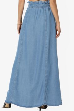 Bring a hint of femininity to your vacation line-up with chambray maxi skirt. It's crafted from a soft denim colored woven for a lightweight, and cut to fall in loose tiers from a elasticated waistband. Pair it with a bandeau top for days on the beach, then make it work in the city with a T-shirt and denim jacket.High rise, maxi length, lightweight flowy chambray wovenPaperbag elasticated waistband with attatched self tie belt, pull on styleSlant pockets, center-front button fly, front slitFits Colored Weave, Skirts Casual, Denim Maxi, Denim Maxi Skirt, Casual Weekend, Love Clothing, Plus Size Beauty, Casual Skirts, Make It Work