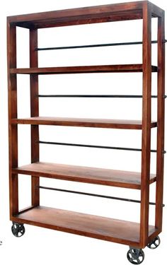 a wooden shelf with four shelves on wheels