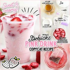 Pink Drink (Starbucks Copycat) Coconut Milk Strawberry Drink, Starbucks Strawberry Coconut Drink, Starbucks Coconut Milk Drinks, Hibiscus Milk Tea, Pink Drink At Home Recipe, Coconut Milk Recipes Drink, Strawberry Coconut Drink, Coconut Milk Drink Recipes, At Home Drinks