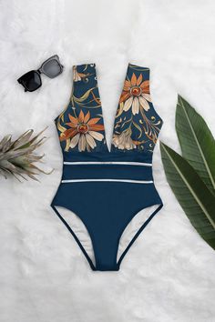 Averie Streetwear For Men, International Clothing, Deep Plunge, Orange Accents, Cute Swimsuits, Deep Blue, Womens Swimwear, Bathing Suits, Style Me