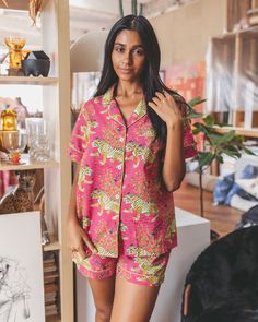 Cilene is 5'8 and wears size S in Bagheera - Short Sleep Set - Hot Pink Leopard Pajamas, Leopard Shorts, Cotton Pjs, Short Pj Set, Silk Cami, Bright Patterns, Meryl Streep, Sleep Set, Silk Shorts