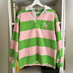 This Rugby Shirt Is Yummy! The Thick Preshrunk Cotton And The Pink And Green Is Adorable. Cape May Rowing! True To Size. Preppy Pink Collared Top, Oversized Hoodie Outfit, Cape May, Hoodie Outfit, Oversized Hoodie, Rowing, Rugby Shirt, Oversize Hoodie, The Pink