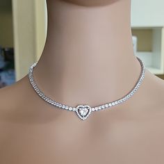 Beautiful Cz Heart Necklace. 18 Inches Heart-shaped Cubic Zirconia Diamond Necklace, Elegant Heart-shaped Rhinestone Jewelry, Elegant Heart Shaped Rhinestone Jewelry, Heart-shaped Sparkling Stones Wedding Jewelry, Elegant Rhinestone Crystal Necklace With Heart Pendant, Elegant Crystal Heart Pendant Rhinestone Necklace, Elegant Crystal Rhinestone Heart Pendant Necklace, Elegant Crystal Rhinestone Heart Necklace, Heart Shaped Diamond Necklace With 17 Jewels For Wedding