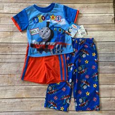 Blue Print 3 Piece Pajama Set. Size 2t. Nwt Blue Bedtime Sets For Spring, Cute Blue Sets For Sleepover, Playful Blue Sets For Playwear, Cute Blue Loungewear Sets, Blue Cotton Playtime Sets, Friends Pajamas, Thomas The Train, Boys Pajamas, Thomas And Friends