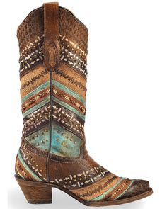 Corral Brown & Turquoise Embroidery and Studs Cowgirl Boots - Snip Toe, Brown Western Style Embellished Leather Boots, Western Leather Embellished Boots, Embellished Leather Boots With Snip Toe, Brown Embellished Round Toe Boots, Embellished Brown Round Toe Boots, Festival Embellished Boots With Round Toe, Embellished Round Toe Leather Boots, Leather Embellished Boots With Round Toe, Embellished Festival Boots With Round Toe