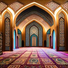 the inside of an ornate building with colorful carpet