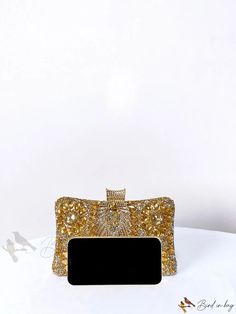 Bird in Bag - Rhinestone-Decorated Clutch Bag Elegant Bedazzled Rectangular Evening Bag, Gold Rectangular Clutch For Fashion Accessory, Luxury Gold Bag With Bling, Luxury Gold Bags With Bling, Luxury Gold Bling Bag, Glamorous Bedazzled Rectangular Evening Bag, Embellished Rectangular Bag, Bedazzled Gold Bags For Wedding, Embellished Gold Shoulder Bag As Gift