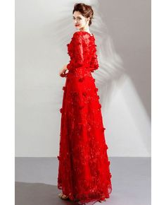 Buy Special Long Red Floral Party Dress With Long Sleeves Flowers at wholesale price online. Free shipping and pro custom service since 2009. Long Sleeve Party Gown, Long Sleeve Gown For Party Season, Party Season Long Sleeve Gown, Red Long Sleeve Banquet Dress, Elegant Red Long Sleeve Dress For Party, Elegant Red Long Sleeve Party Dress, Long Sleeve Floral Print Maxi Dress For Wedding, Elegant Christmas Red Carpet Dress, Red Long Sleeve Gown For Prom Season