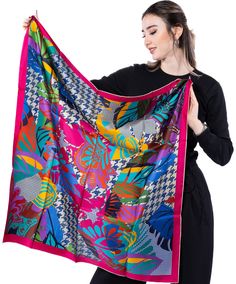 Size: 90x90 cm/ 35x35 inch Edges: Hand-Rolled  As this scarf is hand-rolled, the dimensions indicated may vary. This one side printed timeless pattern large square scarf is made of 100% Mulberry silk twill. With perfect combination of colors, the scarf is a perfect item for bringing in some personal character to your daily outfit throughout the whole year. You can  tie it on your head as a head wrap or wear it around your neck as neckerchief to keep you warm; or use it as a bag accessory to deco Multicolor Floral Print Scarf, One Size, One Size Multicolor Floral Print Scarf, Multicolor Shawl-style Headscarf, Multicolor One Size Shawl Headscarf, Large Square Scarf, Ladies Head Scarf, Magical Accessories, Scarf Square, Scarf Head