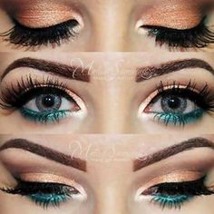 Turquoise Eye Makeup, Bottom Eyeliner, Christmas Eye Makeup, Peach Makeup, Turquoise Eyes, Foto Tips, Eye Make, Summer Makeup, Love Makeup