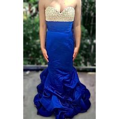 Jovani Prom Dress Royal Blue Beaded Strapless Satin Mermaid Long Gown 2 Bow Beautiful Pearl And Rhinestone Beaded Satin Gown By Jovani Low Back With Adorable Bow At Waist. Tucking And Ruching Throughout Skirt Thick Satin No Flaws Noted Size 2 Bust: 32 Hips: 38” Length: 57” Prom Dress Royal Blue, Jovani Prom, Dress Royal Blue, Prom Dresses Jovani, Royal Blue Prom Dresses, Dress Royal, Jovani Dresses, Satin Gown, Rhinestone Bead