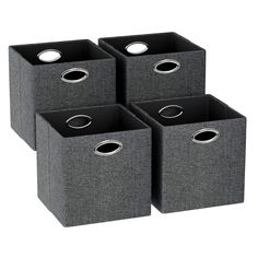 four grey storage bins with handles on each one side and two circles in the middle