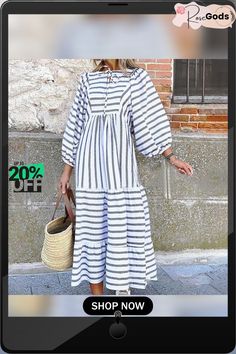 Fashion Hollow Out Lace-up Loose Dress Women Casual Striped Print Lantern Long Sleeve Dress New Autumn Elegant A-line Long Dress Casual Striped A-line Maxi Dress, Striped A-line Vacation Dress, Long Sleeve Striped Midi Beach Dress, Striped Long Sleeve Midi Dress For Beach, Striped A-line Midi Dress For Spring, Striped A-line Dress For Day Out, Spring Striped A-line Midi Dress, Spring Striped A-line Maxi Dress, Loose Party Dress