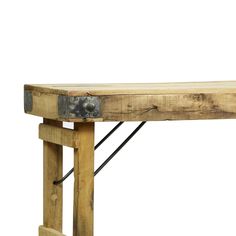 an old wooden table with iron straps on it's legs, against a white background