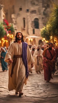 jesus walking down the street with many people around him