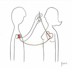 a drawing of two people with one holding a needle and the other using it to thread