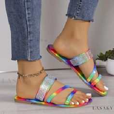 Lasaky - Rhinestone-Studded Flat Sandals in Rainbow Colors - A Glittering Find Sandals Patterns, Criss Cross Sandals, Chic Type, Light Weight Shoes, Womens Sandals Flat, Womens Clothing Sizes, Women's Summer Fashion, Cross Straps, High Heel Boots